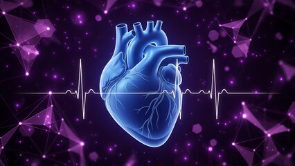 Blue human heart with electrocardiogram line and purple digital network background image
