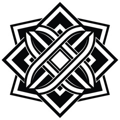 Intricate geometric knot shows complex interconnected lines, crafting a visually striking black and white symmetrical pattern