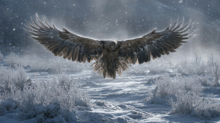 A snowstorm forming a giant eagle with spread wings soaring above frozen ground