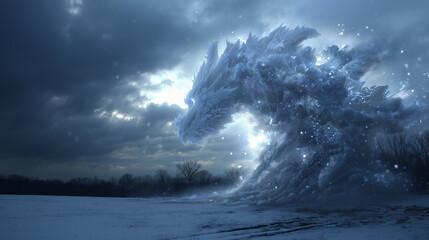 Snowflakes spinning into a mystical dragon made of ice and storm clouds