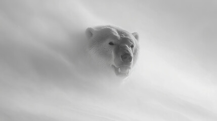 A snowstorm shaping itself into a massive bearâs head emerging from the swirling white fog