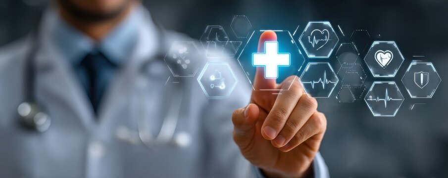 Doctor uses a stethoscope with digital health interface and futuristic medical icons