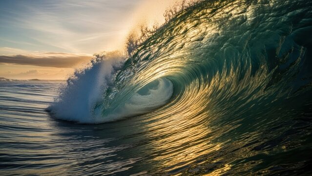 Barrel wave cresting with golden light illuminating the water spray.