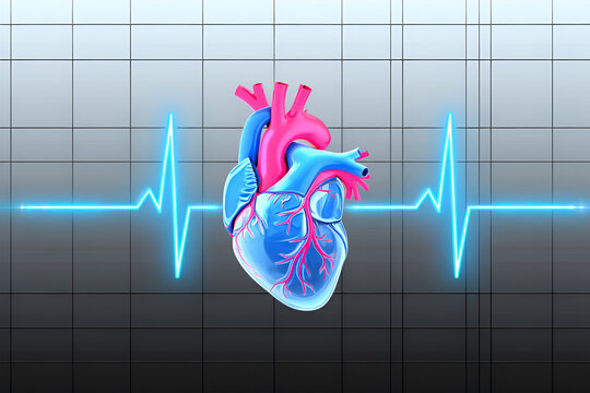 Anatomical Heart with Blue Neon E K G Line on Grid Background anatomy medical