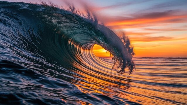 Powerful ocean wave barrels against a vibrant orange sunset sky.