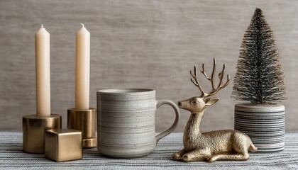 Grouping of decorative holiday objects including metallic accents and ceramic stoneware sits on a textured surface