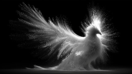 Whirling blizzard forming the figure of a soaring phoenix made entirely of snow particles