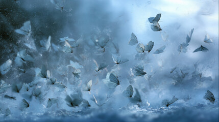 Blizzard forming delicate butterfly shapes fluttering through icy air