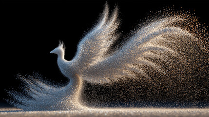 Whirling blizzard forming the figure of a soaring phoenix made entirely of snow particles