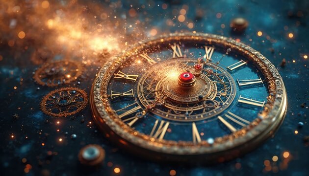 Ornate golden clock with Roman numerals shines bright in deep space. Sparks emit from intricate time mechanism. Gears float in cosmic galaxy background. Abstract image conveys time, future, past