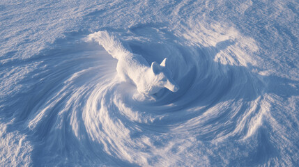 Snow twisting into the shape of a fox leaping through swirling gusts