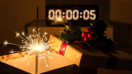 New Year Countdown Celebration with Sparkler and Christmas Present Festive Holiday Image