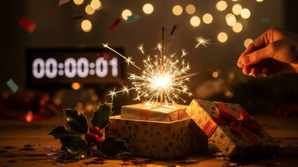 Festive new year celebration with sparklers gifts confetti and countdown clock ready to welcome new year