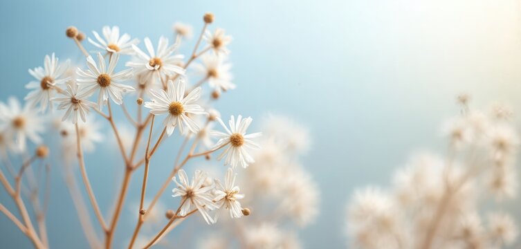 Delicate white daisy like flowers bloom on thin brown stems against soft blue and yellow sky. Subtle macro details of petals and fuzzy seed heads. - Powered by Adobe