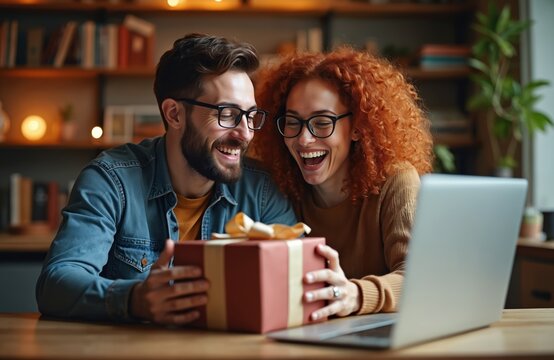 Happy couple opens giftbox while video calling on laptop. Smiling man and woman wear glasses. Celebration of holiday or birthday. Online communication and greeting on camera.
