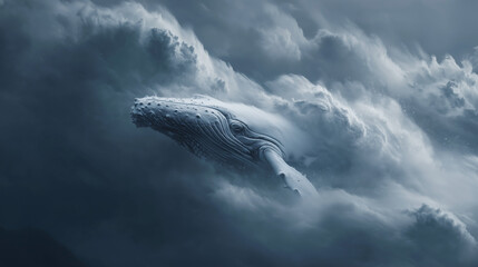 Snow forming the shape of a giant whale swimming gracefully through the storm clouds