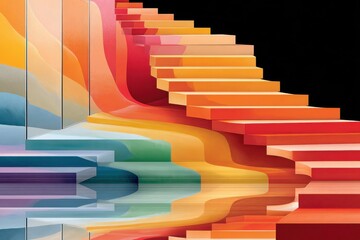 Rainbow glass staircase with floating rainbow steps in a vibrant abstract architectural scene