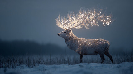 Snowstorm shaping into a majestic stag with glowing antlers made of frost