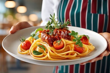 Plated pasta dish with cherry tomatoes and fresh herbs held proudly by a server