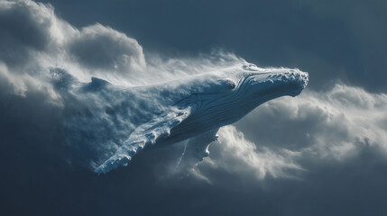 Snow forming the shape of a giant whale swimming gracefully through the storm clouds