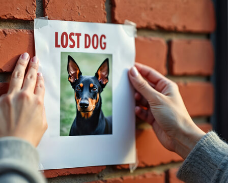 Woman puts lost dog poster on brick wall. Search for missing pet with photo flyer. Family worried about beloved animal companion. Sadness, hope for reunion.