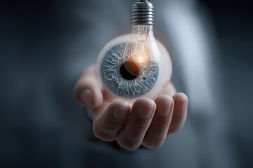 A close-up of a hand holding a light bulb-shaped eyeball, symbolizing vision and ideas.