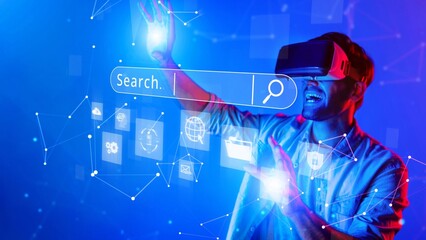 A man experiences virtual reality with enthusiasm, engaging in a digital search among abstract visuals. The image captures the essence of technological innovation and immersive interaction. Raster