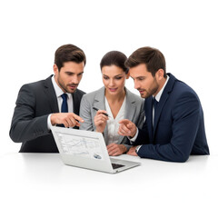 Three professionals collaborating actively over a laptop displaying data and charts isolated on transparent background