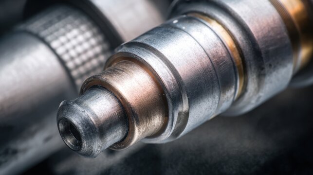diesel injector close up with gelled fuel texture, cold metallic look, clear macro details, bright technical style
