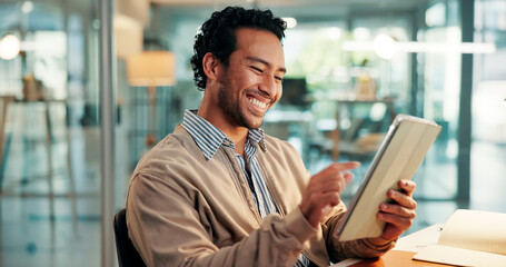 Employee, scroll and man with tablet, office and planning for article on web, online and...