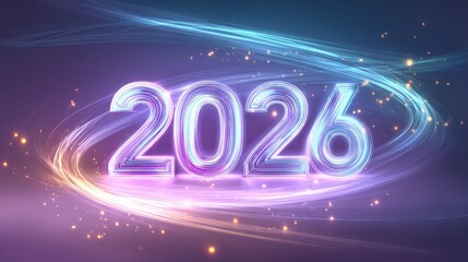 Glowing neon numerals signify the arrival of the year twenty twenty six surrounded by abstract light trails