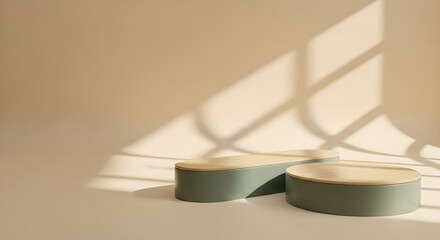 Product Display Podium Wood Pedestal Modern Platform Green Beige Shadow Vertical Copy Space