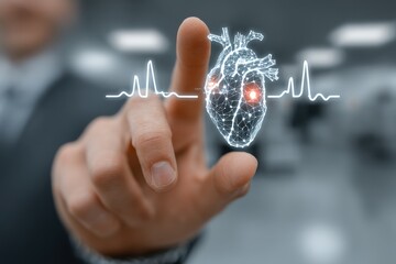 Futuristic medical technology concept: doctor using finger to interact with holographic heart display