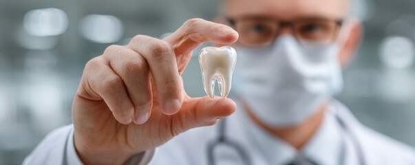 Dentist in a clinic holding a tooth model to explain dental care and tooth anatomy