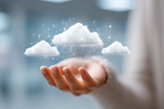 Business professional holds digital clouds with network connections representing cloud computing and innovation