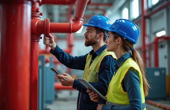 Two engineers inspect industrial piping system. Male worker examines red pipe with tablet female colleague reviews data on smartphone. Focused teamwork in construction site maintenance, repair,