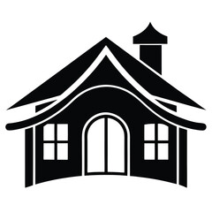 Naklejka premium Charming storybook house has a black roof, arched door and windows, all in monochrome