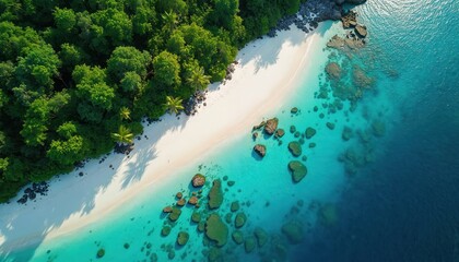 Aerial view of a tropical island with white sand beach green jungle and clear turquoise water. Rocks are visible under calm ocean surface. Seascape shows sunny day.