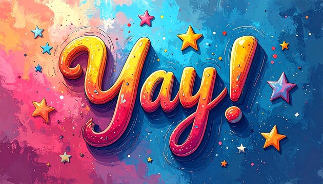 Whimsical "Yay!" art Bold, colorful text with star accents, against a vibrant, swirling paint-like background