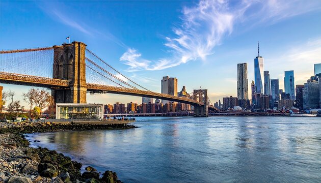 Iconic Brooklyn Bridge and Manhattan Skyline at Sunset Over Water with Blue Sky and Clouds Reflecting City Lights