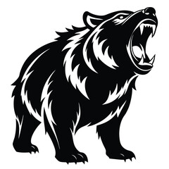 A fierce black bear roars powerfully with visible teeth in a monochrome silhouette