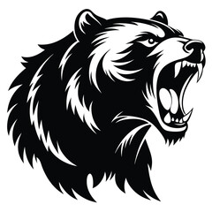 Fototapeta premium Angry black bear roars with open mouth and sharp teeth in the monochrome style