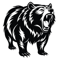 Roaring bear displays powerful black and white fur pattern, creating an intimidating pose