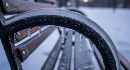 Icicles hanging from a park bench armrest covered in ice after a freezing rain. Winter weather concept for cold season or danger of icy conditions.