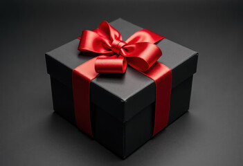Obraz premium A sophisticated black gift box adorned with a vibrant red ribbon, set against a dark background, symbolizing special celebrations and luxurious presents
