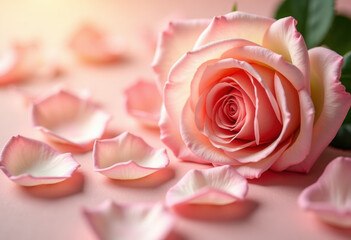 Rose petals on floor. Lovely banner floral pastel peach coral color background of roses. Flower wallpaper of love, Rose of pink pallet pastel petals falling on plain background.