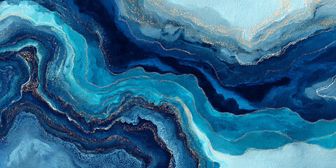 Abstract watercolor illustration featuring flowing waves of blue and turquoise hues with gold accents, creating a serene and calming visual experience for artistic design projects