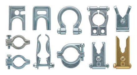 Assorted metallic pipe clamp fasteners on white background.