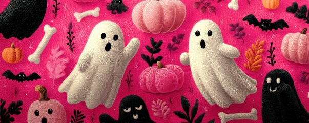 Playful ghosts and pumpkins on a vivid pink Halloween background for a lively spooky scene