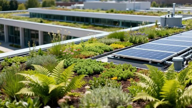 Medium shot highlighting a green roof project at a large public building focusing on plant diversity and ecoconscious urban design.